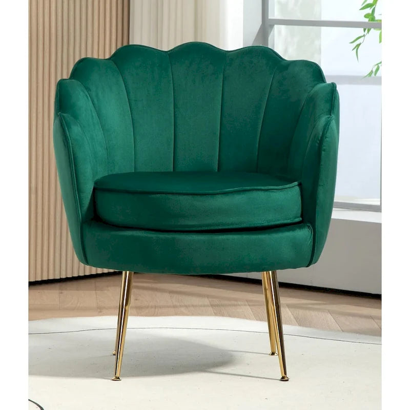 Fauteuil Cavett 28.3 en velours large, style tonneau, avec pieds en métal doré
