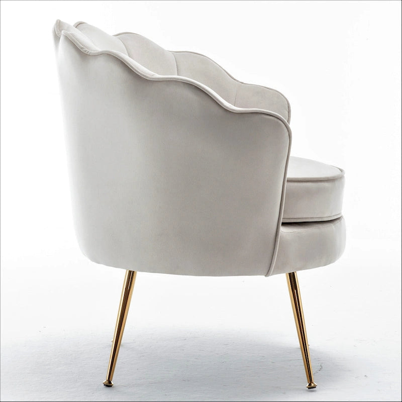 Fauteuil Cavett 28.3 en velours large, style tonneau, avec pieds en métal doré