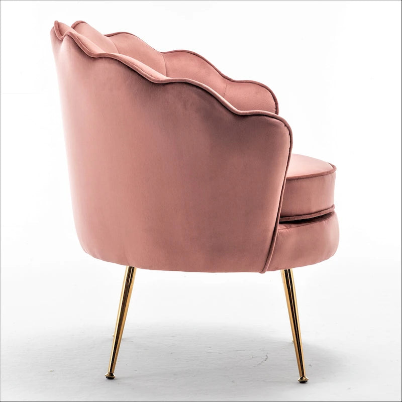 Fauteuil Cavett 28.3 en velours large, style tonneau, avec pieds en métal doré