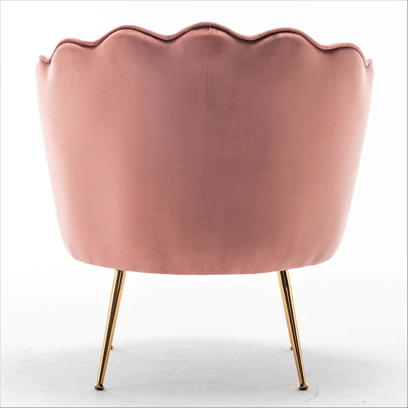 Fauteuil Cavett 28.3 en velours large, style tonneau, avec pieds en métal doré