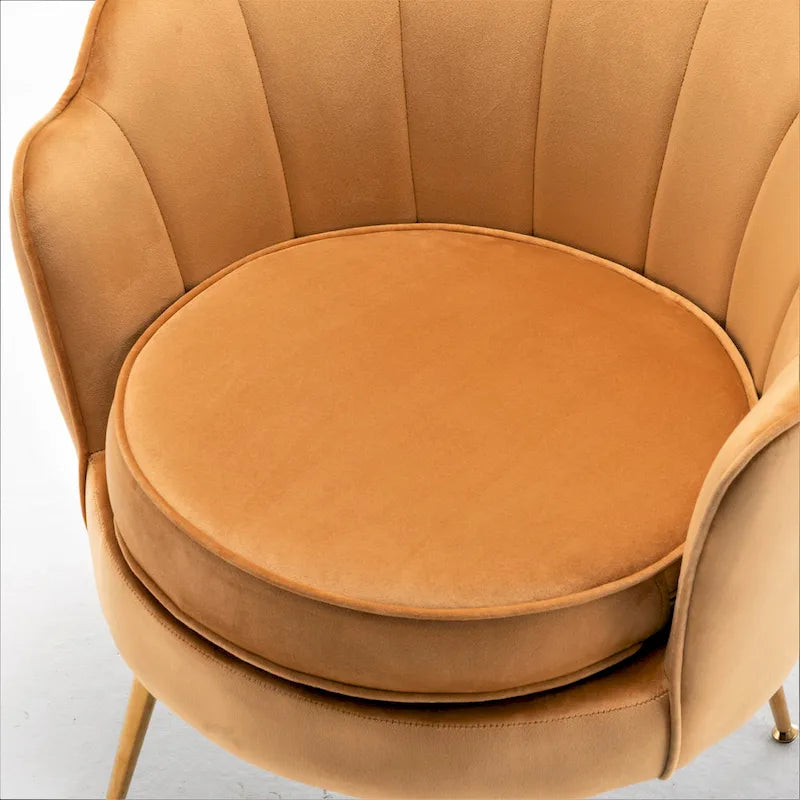 Fauteuil Cavett 28.3 en velours large, style tonneau, avec pieds en métal doré