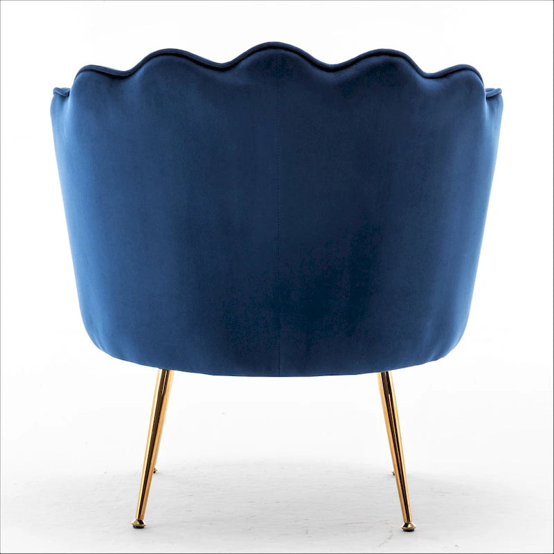 Fauteuil Cavett 28.3 en velours large, style tonneau, avec pieds en métal doré