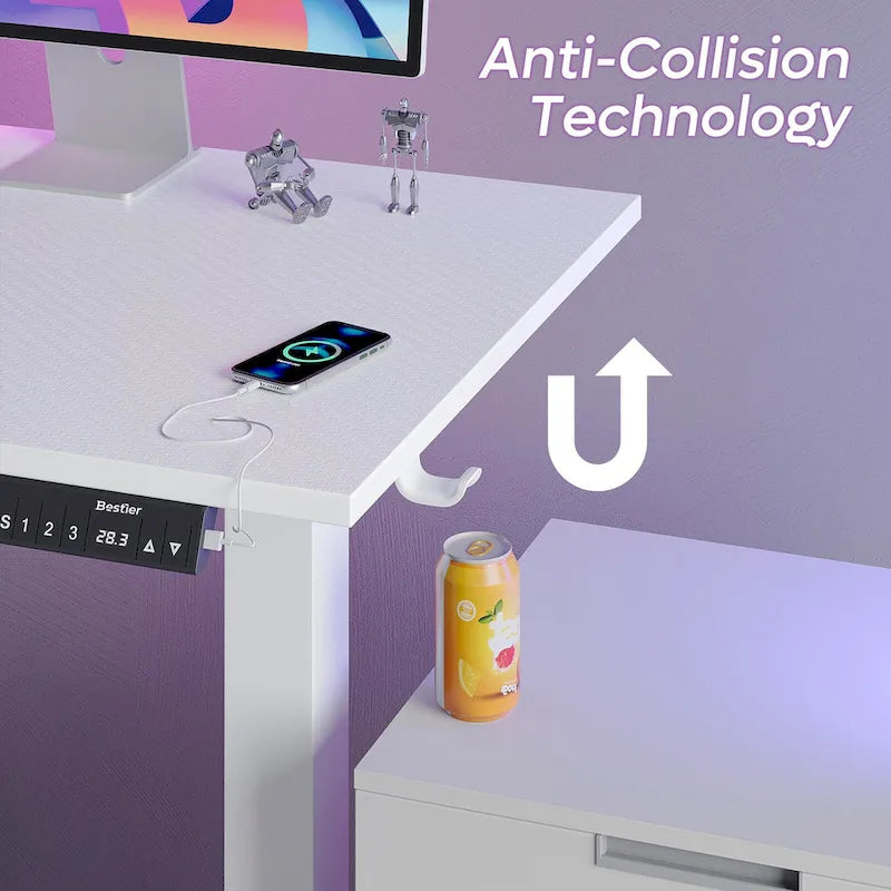 Bureau d'angle en forme de L de 63 pouces avec support ergonomique pour écran et éclairage LED intégré.