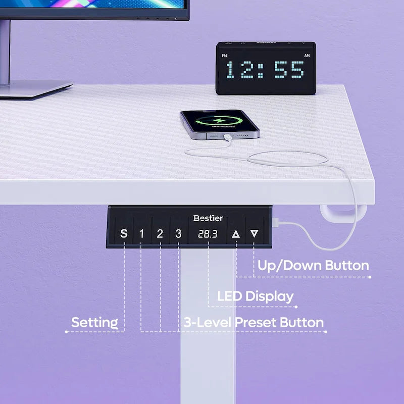 Bureau d'angle en forme de L de 63 pouces avec support ergonomique pour écran et éclairage LED intégré.