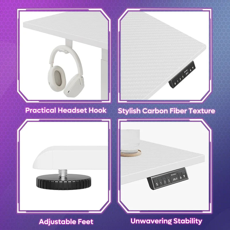 Bureau d'angle en forme de L de 63 pouces avec support ergonomique pour écran et éclairage LED intégré.