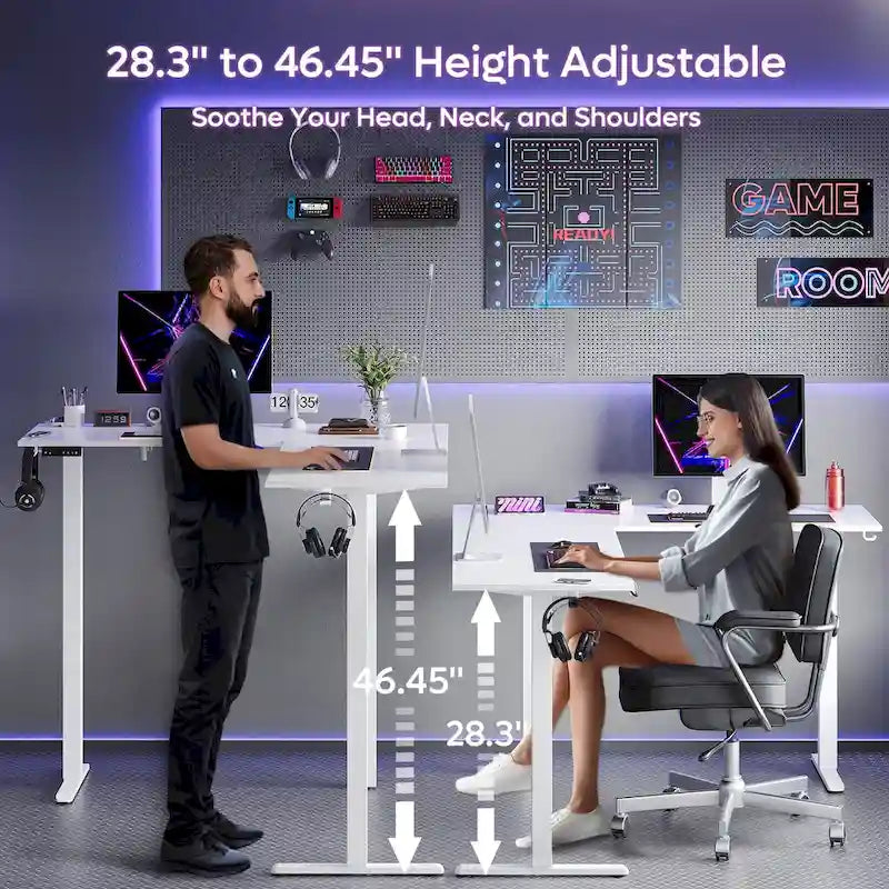 Bureau d'angle en forme de L de 63 pouces avec support ergonomique pour écran et éclairage LED intégré.