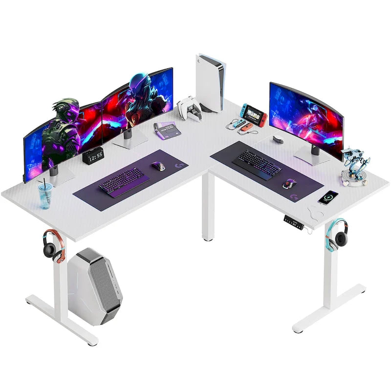 Bureau d'angle en forme de L de 63 pouces avec support ergonomique pour écran et éclairage LED intégré.