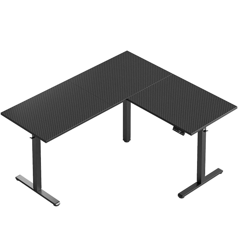 Bureau d'angle en forme de L de 63 pouces avec support ergonomique pour écran et éclairage LED intégré.