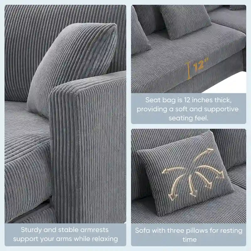 [VIDÉO fournie][Nouveau] Canapé d'angle moderne en velours côtelé 87*61 avec méridienne réversible, canapé d'angle rembourré 4 places pour intérieur, Co