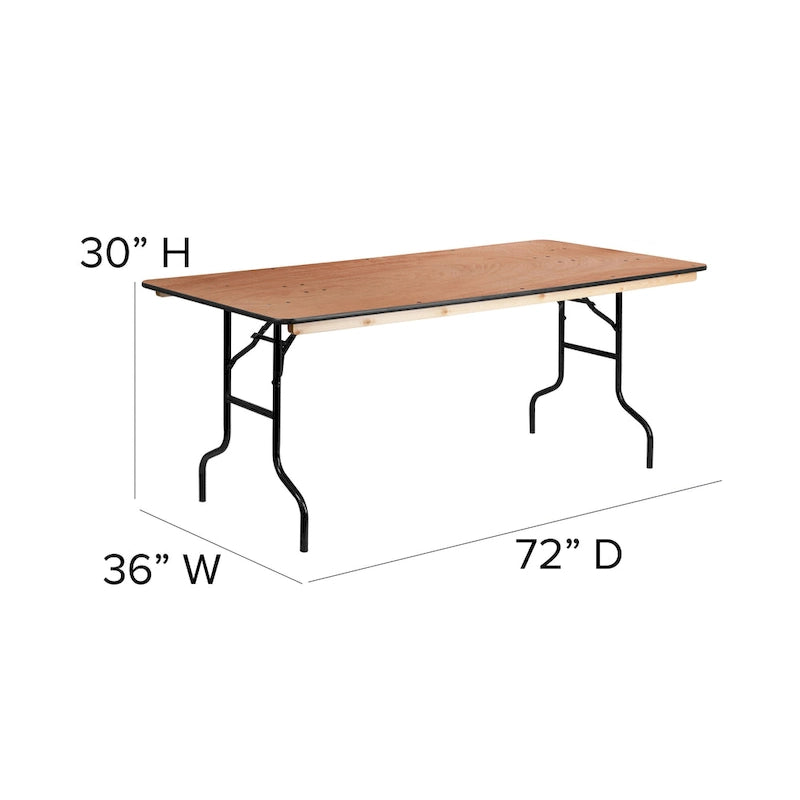 Table de banquet pliante rectangulaire en bois de 1,80 m avec plateau verni transparent