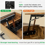 Table basse relevable avec étagère de rangement ouverte et compartiment de rangement dissimulé