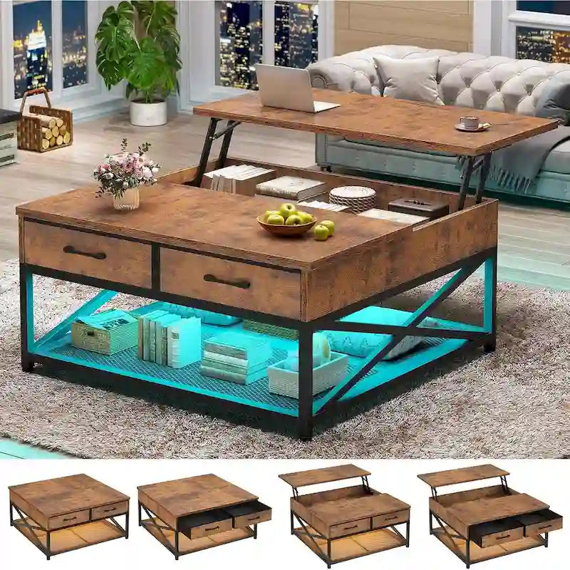 Table basse relevable avec étagère de rangement ouverte et compartiment de rangement dissimulé