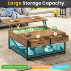 Table basse relevable avec étagère de rangement ouverte et compartiment de rangement dissimulé