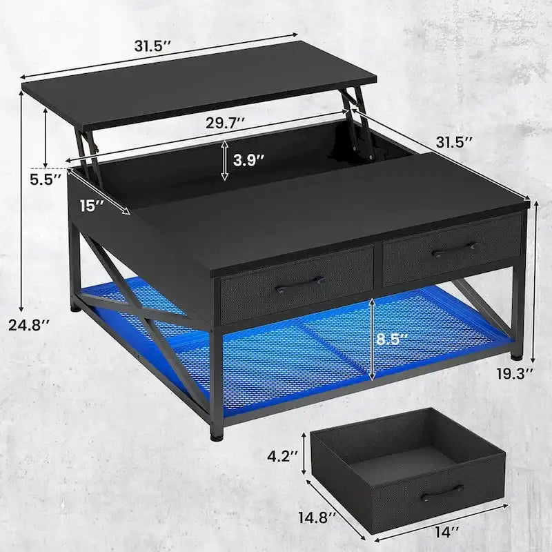Table basse relevable avec étagère de rangement ouverte et compartiment de rangement dissimulé