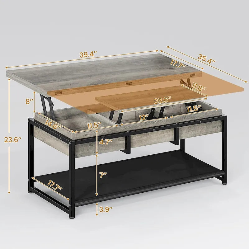 Table basse relevable avec étagère de rangement ouverte et compartiment de rangement dissimulé