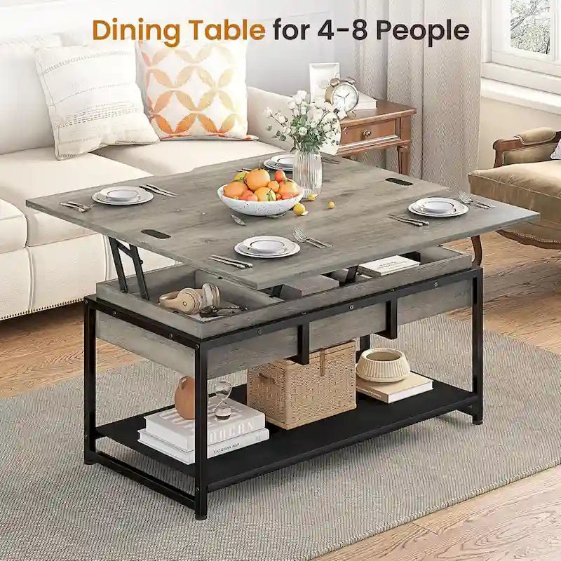 Table basse relevable avec étagère de rangement ouverte et compartiment de rangement dissimulé