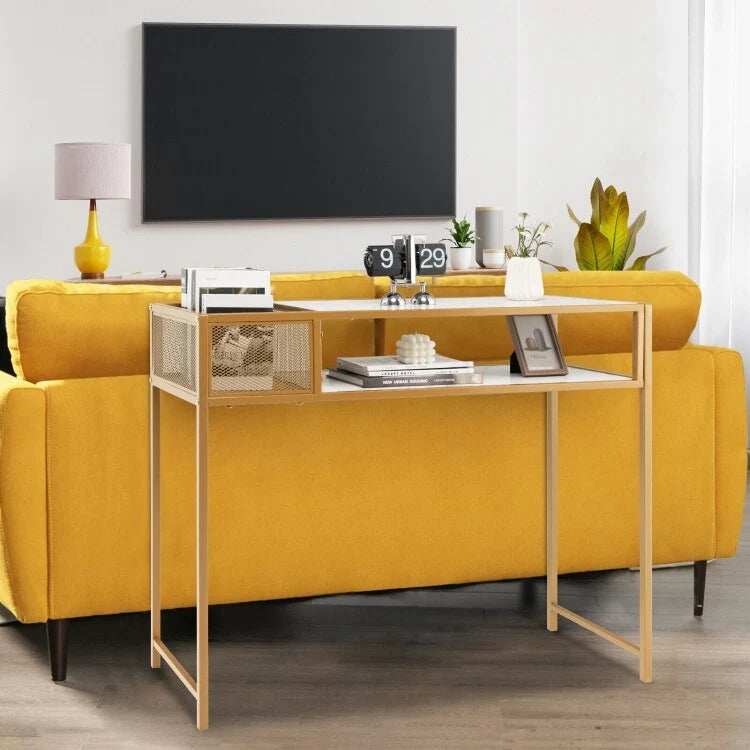 Console en faux marbre avec panier en fil de fer pour entrée - 47,5 x 12 x 35,5 (L x l x H)