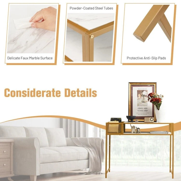 Console en faux marbre avec panier en fil de fer pour entrée - 47,5 x 12 x 35,5 (L x l x H)