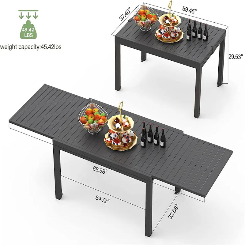 Table de salle à manger extensible de 229 cm (90 po) pour patio, table d'extérieur rectangulaire en métal aluminium pour 4 à 8 personnes, idéale pour un bistro de jardin.