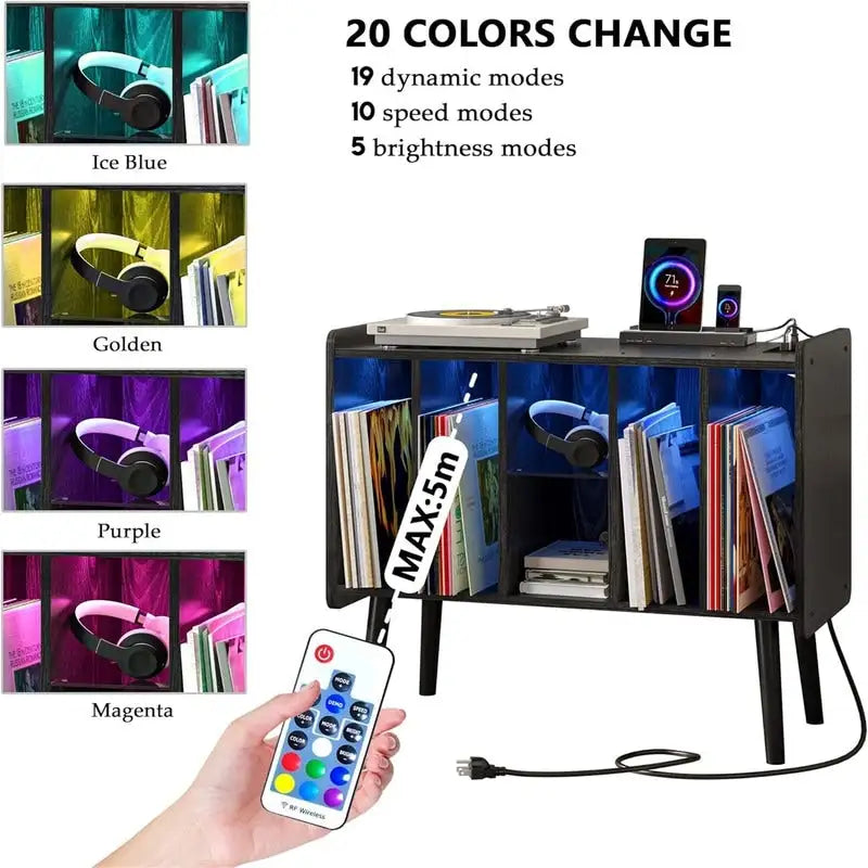 Support pour platine vinyle avec éclairage LED - 14,2 cm (P) x 32,5 cm (L) x 27,2 cm (H)