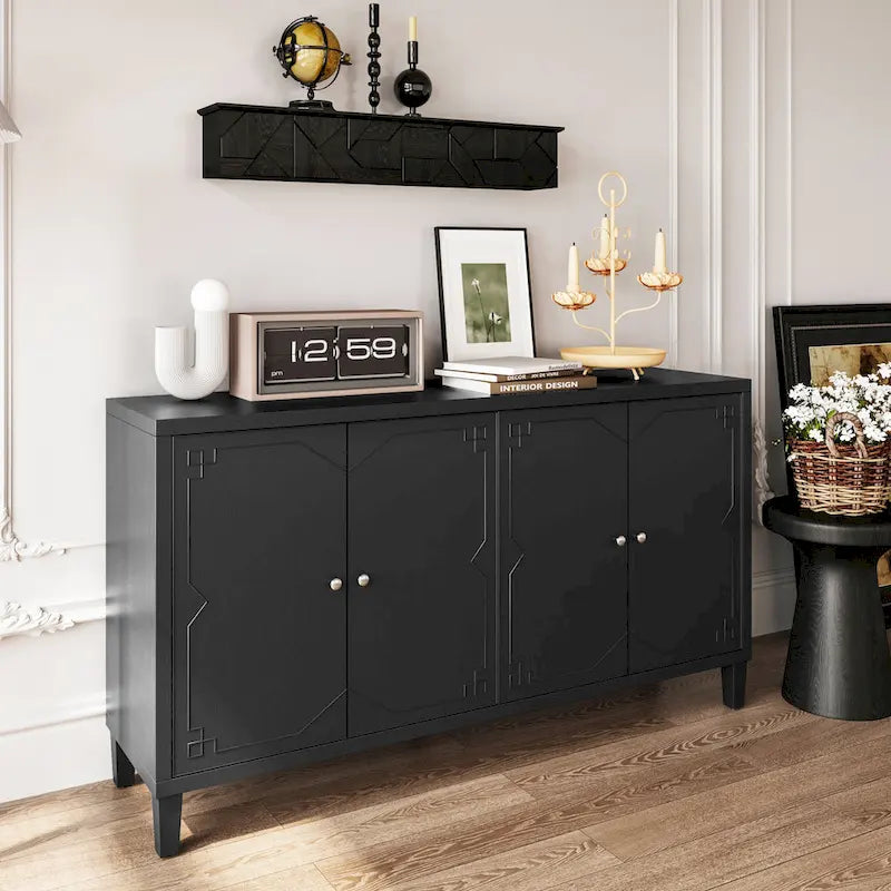 Buffet/meuble de rangement d'appoint moderne en bois noir mat à 4 portes de 152 cm (60 po)