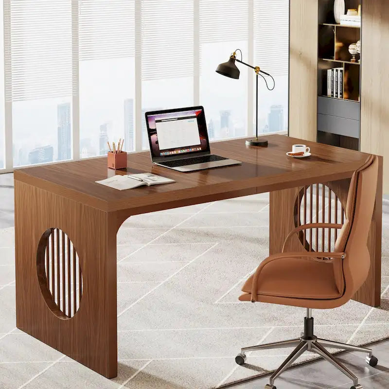 Bureau d'ordinateur 63, bureau de direction industriel, table d'écriture rectangulaire robuste avec plateau en bois pour bureau à domicile