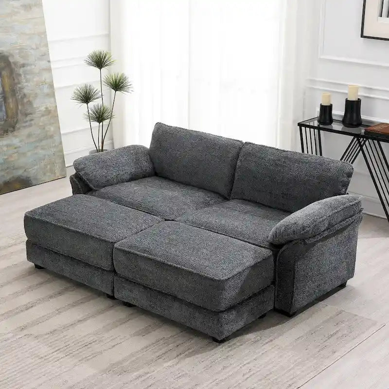 4 Seat Upholstered Free Combination Modular Convertible Sectional Sofa Bed Set, Deep-Seat,Ottoman,Grey
