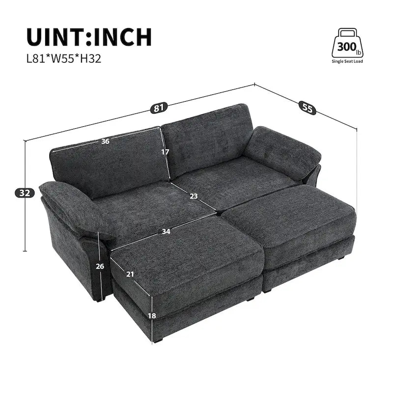Ensemble canapé-lit d'angle convertible modulable 4 places, revêtement capitonné, assise profonde, pouf, gris