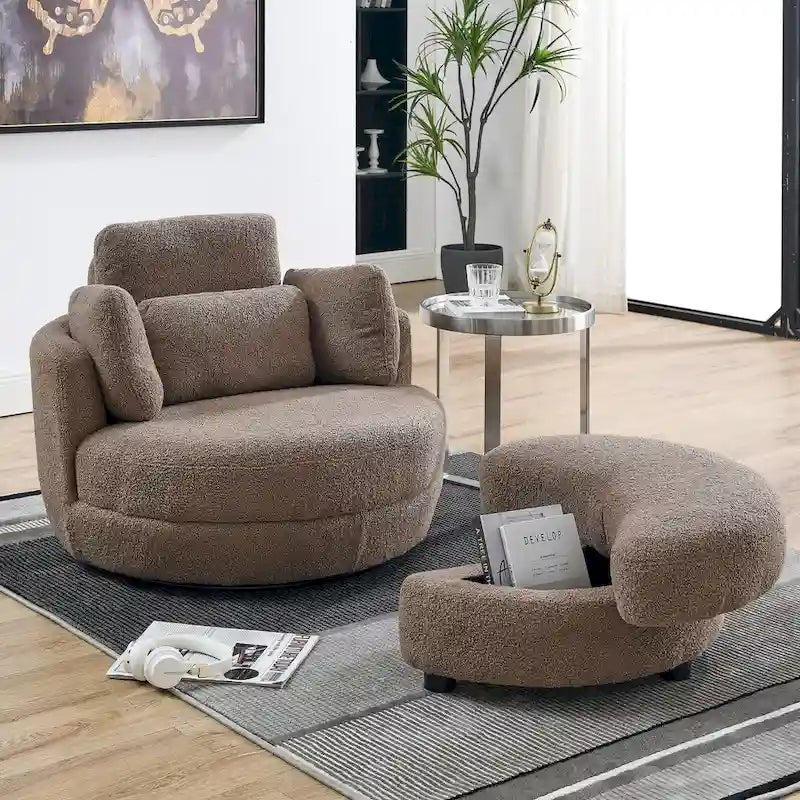 Fauteuil pivotant surdimensionné 39W, pouf de rangement lune, canapé deux places pivotant rond, fauteuil relax, 4 coussins