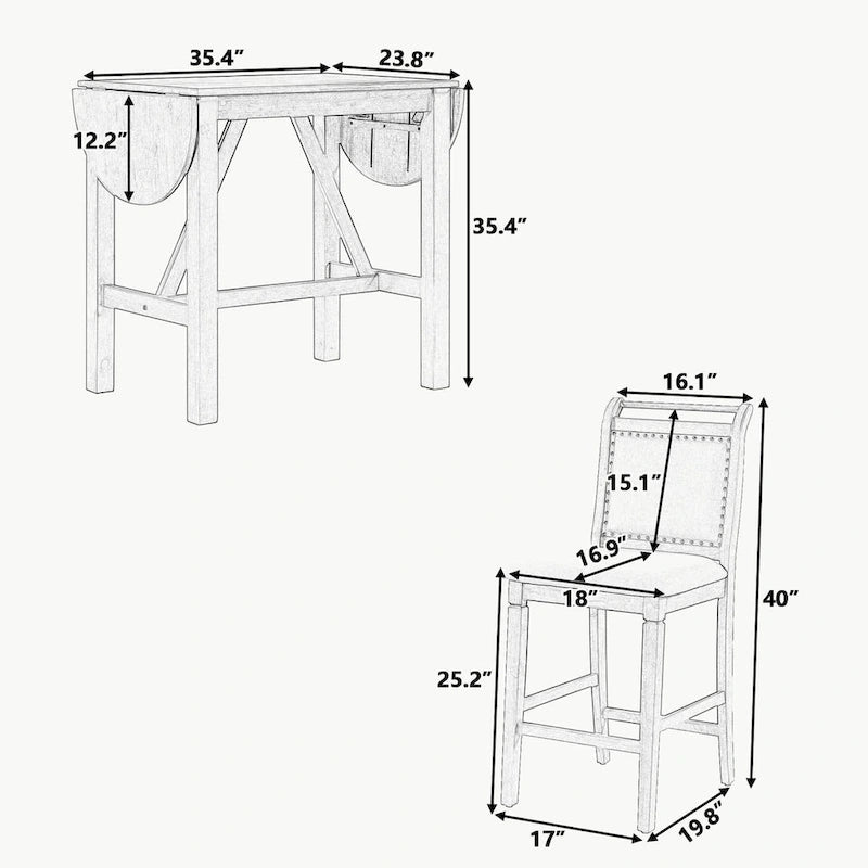 Ensemble de table à manger 3 pièces en bois, hauteur comptoir, à abattants