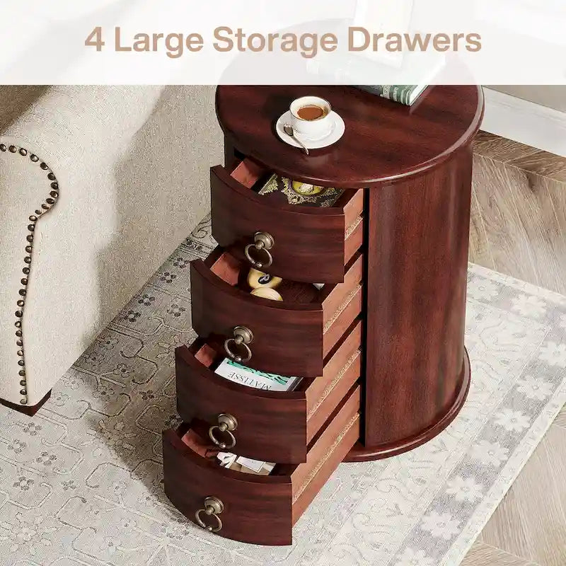 Table d'appoint ronde vintage en bois massif, sans assemblage, avec tiroirs latéraux.