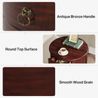 Table d'appoint ronde vintage en bois massif, sans assemblage, avec tiroirs latéraux.