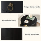 Table d'appoint ronde vintage en bois massif, sans assemblage, avec tiroirs latéraux.