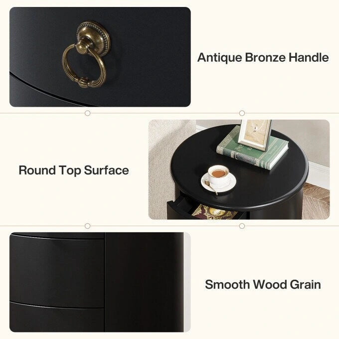 Table d'appoint ronde vintage en bois massif, sans assemblage, avec tiroirs latéraux.