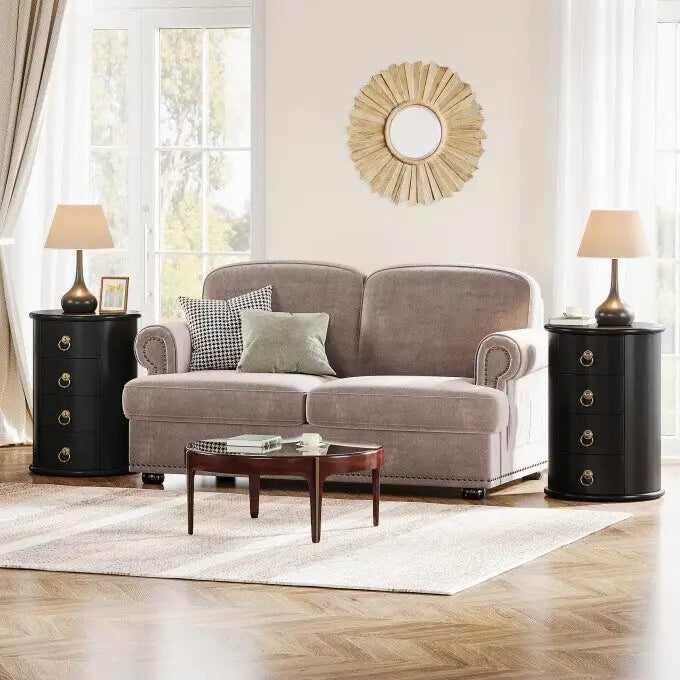 Table d'appoint ronde vintage en bois massif, sans assemblage, avec tiroirs latéraux.