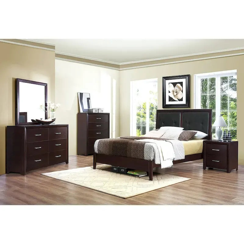 5pc Bedroom Set Espresso Finish Bed Nightstand Dresser Mirror Chest