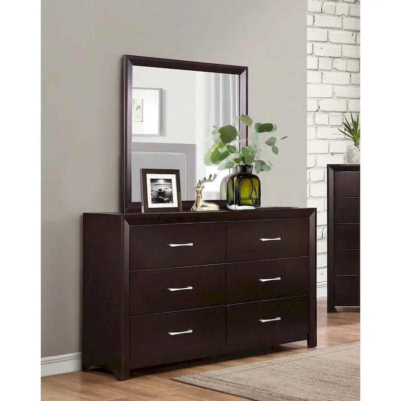 Ensemble de chambre 5 pièces finition espresso : lit, table de chevet, commode, miroir et chiffonnier.