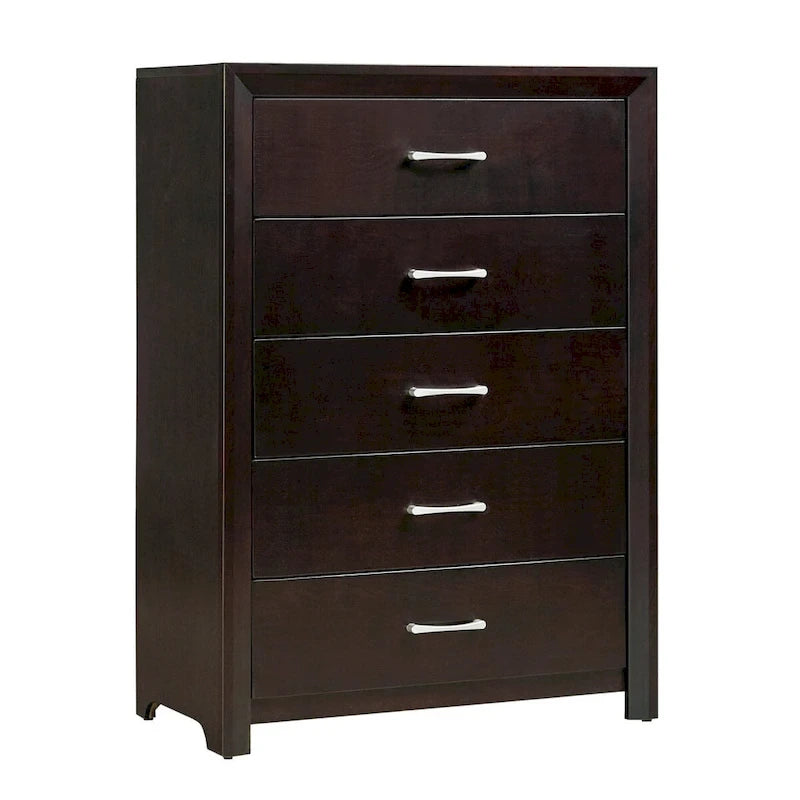 Ensemble de chambre 5 pièces finition espresso : lit, table de chevet, commode, miroir et chiffonnier.