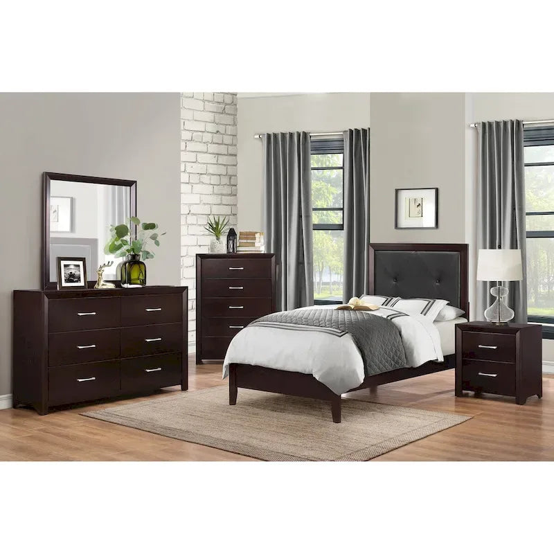 Ensemble de chambre 5 pièces finition espresso : lit, table de chevet, commode, miroir et chiffonnier.