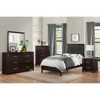 Ensemble de chambre 5 pièces finition espresso : lit, table de chevet, commode, miroir et chiffonnier.