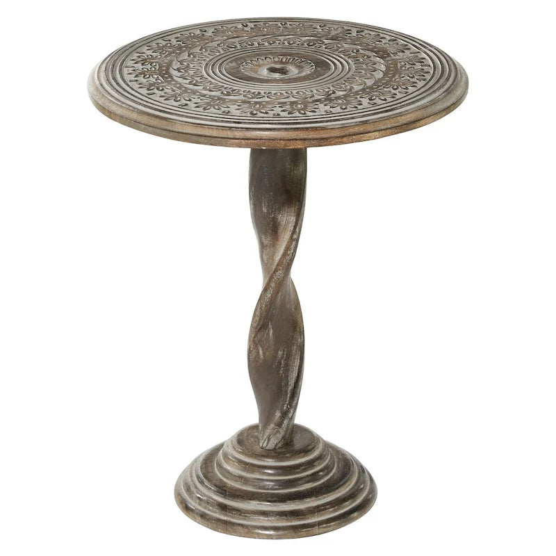 Table d'appoint en bois de manguier finement sculptée à motifs floraux, avec pied en spirale et finition gris vieilli - Brun - Roche River Decor