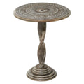 Table d'appoint en bois de manguier finement sculptée à motifs floraux, avec pied en spirale et finition gris vieilli - Brun - Roche River Decor