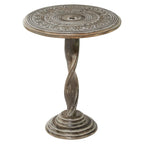 Table d'appoint en bois de manguier finement sculptée à motifs floraux, avec pied en spirale et finition gris vieilli - Brun - Roche River Decor