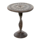 Table d'appoint en bois de manguier finement sculptée à motifs floraux, avec pied en spirale et finition gris vieilli - Brun - Roche River Decor