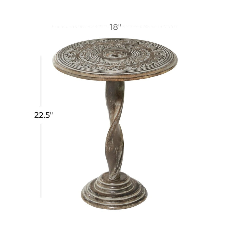 Table d'appoint en bois de manguier finement sculptée à motifs floraux, avec pied en spirale et finition gris vieilli - Brun - Roche River Decor